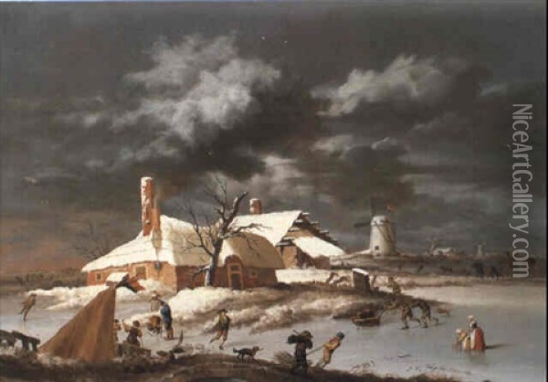 Extensive Winter Landscape With Skaters And Villagers Oil Painting - Johannes Willem Tengeler