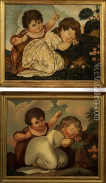 Portrait Of Two Children In Landscape (+ Another, Watercolor On Silk; Pair) Oil Painting - Michele Felice Corne