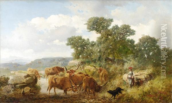 Spanish Herdsman Andcattle In A Landscape Oil Painting - Jose Armet Y Portanell
