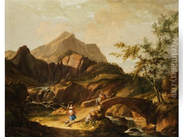 Schweizer Gebirgslandschaft Mit Steinbrucke Uber Einen Wasserfall Und Figurenstaffage Oil Painting - Johann Balthasar Bullinger the Elder