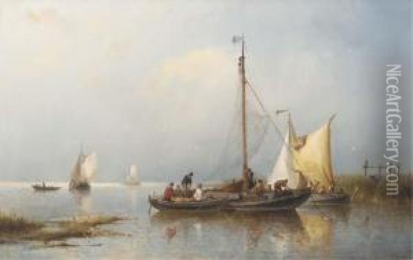 A Calm: Fishermen Inspecting Their Catch Oil Painting - Nicolaas Riegen