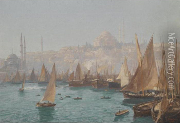 Boats In The Port Of Constantinople Oil Painting - Georg Macco