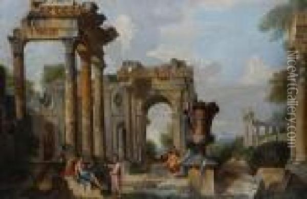 Figures In Ruins Oil Painting - Giovanni Niccolo Servandoni