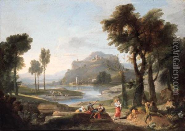 An Italianate Landscape With Figures Resting By A River, A Hilltopcastle Beyond Oil Painting - Jan Frans Van Bloemen (Orizzonte)