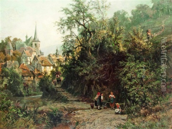Laundresses Before The Village Oil Painting - Hermann Schnee