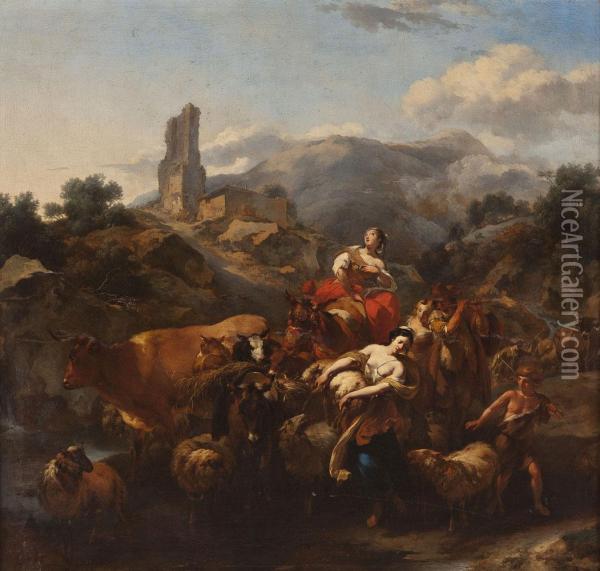 Italienische Berglandschaft Mit Ruinen, Hirtenszene Und Viehherde Oil Painting - Nicolaes Berchem