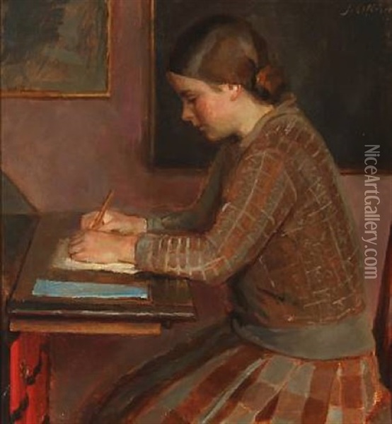 A Girl At A Writing Desk Oil Painting - Johannes Ottesen