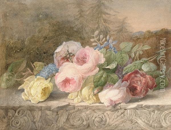 A Still Life Of Roses On A Ledge Carved With Classical Reliefs, A Landscape Beyond Oil Painting - Mary, Nee P. Rosnier Harrison
