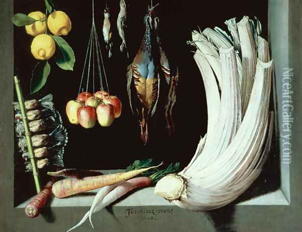 Still life with dead birds, fruit and vegetables, 1602 Oil Painting - Juan Sanchez Cotan