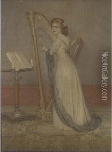 Hilda Playing The Harp Oil Painting - George Carline