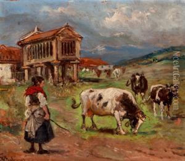 Paisaje Con Horreo, Vacas Y Campesina Oil Painting - Emilio Poy Dalmau