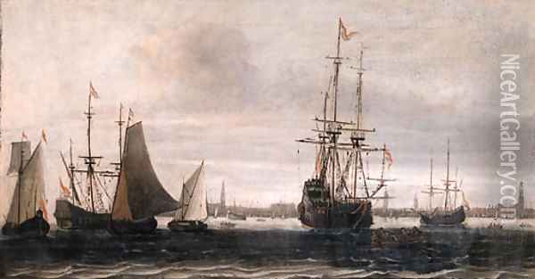 A man-of-war, a rowing boat and other shipping on the IJ, Amsterdam Oil Painting - Willem van Diest