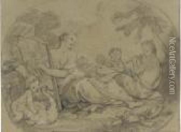 Two Women With Putti Music Making In A Landscape Oil Painting - Charles Joseph Natoire