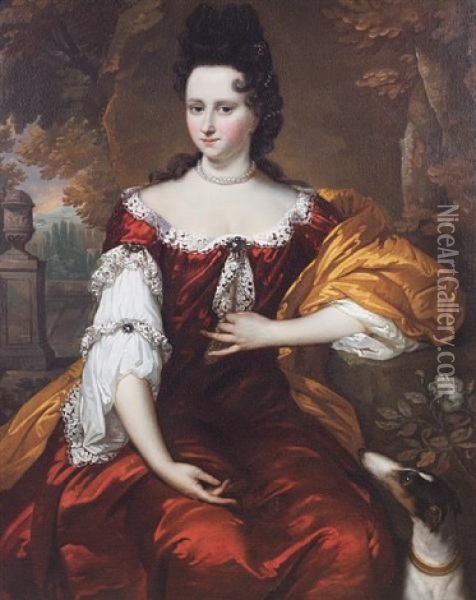 Portrait Of A Lady In A Red Dress, A White Chemise And A Gold Wrap, Seated With Her Greyhound Before A Garden Landscape Oil Painting - Johannes Vollevens the Younger