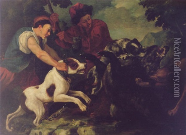 A Huntsman And His Hounds At The Kill Of A Wild Boer Oil Painting - Baldassare De Caro