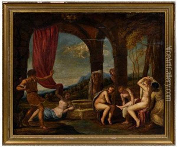 Actaeon Surprising Diana (artemis) In Thebath Oil Painting - Tiziano Vecellio (Titian)