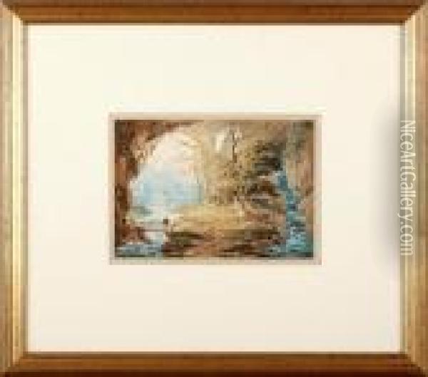 A Romantic Landscape With A Figure Crossing Arustic Bridge Oil Painting - William Payne