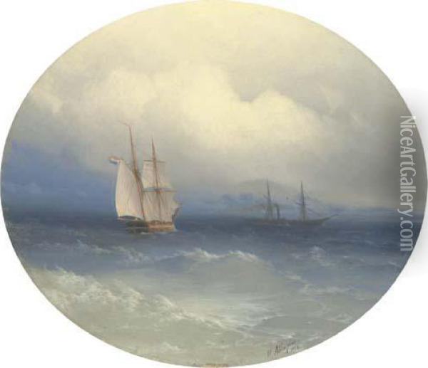 A Dutch Brigatine And Steamer At Sea Oil Painting - Ivan Konstantinovich Aivazovsky