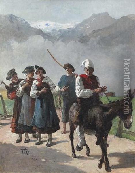 Die Verspottung Des Eselreiters. Oil Painting - Alfred Dumont