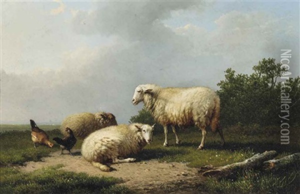 Sheep And Chicken In A Field Oil Painting - Alexander Joseph Daiwaille