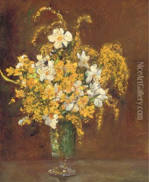 Mimosa In A Vase; And Tulips In A Vase With Two Further Flowerstudies By The Same Hand Oil Painting - James Herbert Snell