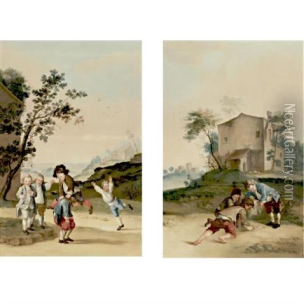 Children Playing In A Landscape (+ Another Similar; Pair) Oil Painting - Johann Conrad Seekatz