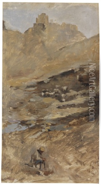 Flusstal Mit Burgruine, Im Vordergrund Ein Schafer Mit Seiner Herde Oil Painting - Franz Roubaud