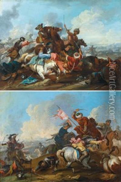 Combattimento Fra Cavalieri 
Imperiali E Turchi; Combattimento Fraturchi E Cavalieri Imperiali Oil Painting - August Querfurt