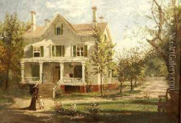 Victorian House With Family In Summer, Signed Twice 