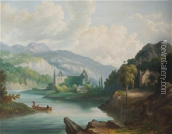 European Landscape With Figures Crossing A Lake Oil Painting - John Goodison