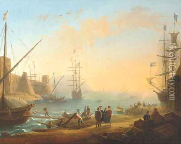 A Mediterranean harbour with shipping and merchants on the shore Oil Painting - Claude Lorrain (Gellee)