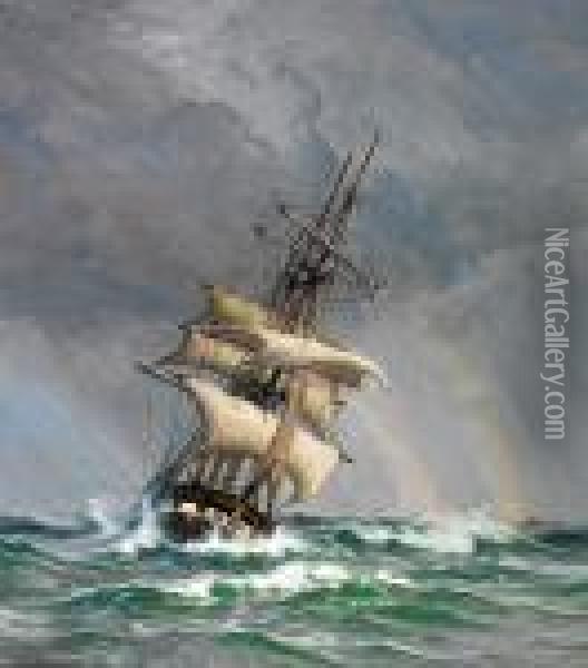 Arnesen: Large Sailing Ship In High Seas With Rainbows. Signed Vilh. Arnesen 7 Oil Painting - Vilhelm Karl Ferd. Arnesen