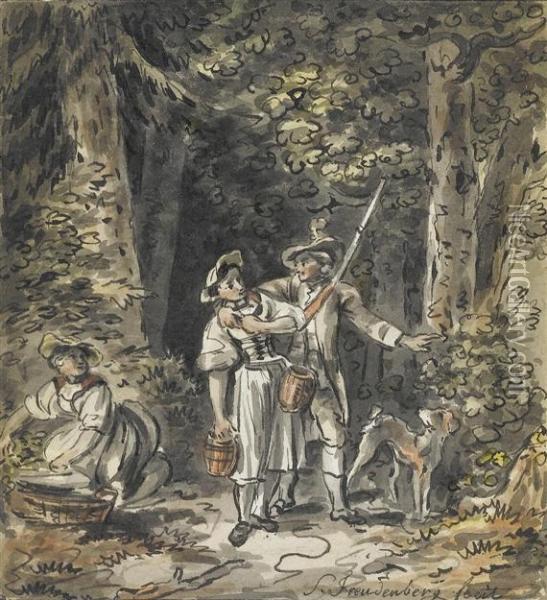 Forest Clearing With Hunter And Two Peasant Girls. Oil Painting - Sigismond Freudenberger