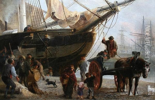 A Dockside Scene Believed To Be Canada Docks, Liverpool Oil Painting - Robert Charles Dudley