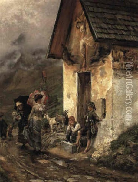 Touristen In Gebirge, Vom Regen Uberrascht Oil Painting - Markus Frederik Steen Gronvold