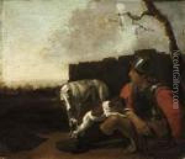 A Soldier Seated Against A Wall, With Two Dogs, In A Landscape Oil Painting - Sebastian Bourdon