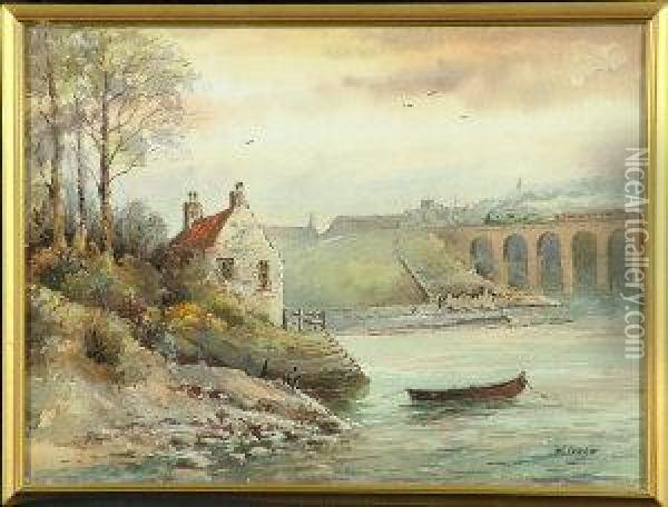 A Tweedside Cottage Overlooking Berwick Railway Bridge Oil Painting - William Ferris