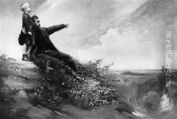 Vater Mit Seinem Sohn Auf Einem Hugel, Den Blick Ins Weite Land Gerichtet Oil Painting - Ludwig Carl Wilhelm Fahrenkrog