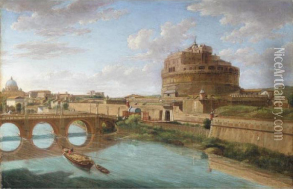 Rome, A View Of The Tiber With 
The Ponte And Castel Sant' Angelo, The Basilica Of St. Peter's Beyond Oil Painting - Hendrik Frans Van Lint