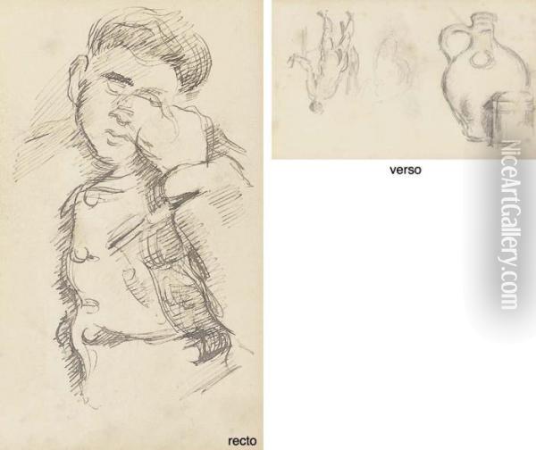 Jeune Homme Assoupi (recto); Etudes: Pot Et Cruche En Terre Et Baigneuse (verso) Oil Painting - Paul Cezanne
