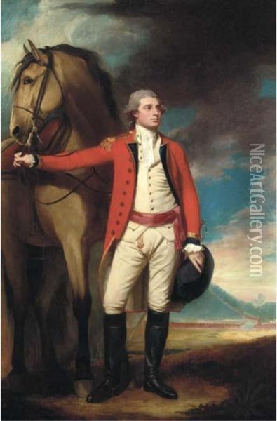 Portrait Of Major James Hartley,
 Full-length, In Uniform, Holdinghis Horse, A Formation Of Soldiers Near
 A Mountain Beyond Oil Painting - George Romney