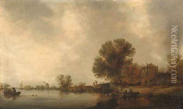 A wooded river landscape with fishermen in a boat checking creels before a bridge Oil Painting - Jan van Goyen
