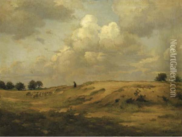 Onweerswolk, Blaricum: Leading The Flock Over The Heath Oil Painting - Johan Ernst Baumer