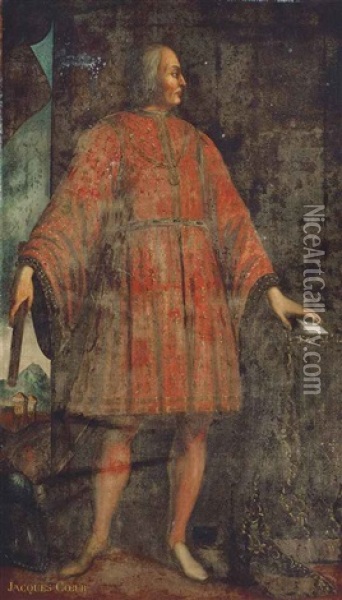 Portrait Of Jacques Coeur (bourges C. 1395-1461 Chios), Standing Full-length In An Interior, Wearing A Red Fleur-de-lys Embroidered Costume, A Town Beyond Oil Painting - Jean Fouquet