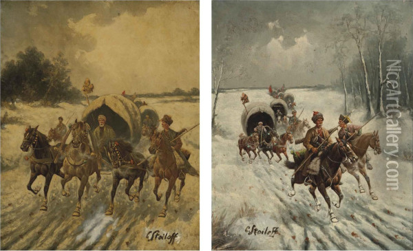 The Siberian Gold Convoy; And Another Similar Oil Painting - Adolf Baumgartner