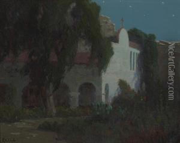 San Juan Capistrano Mission By Moonlight Oil Painting - Elmer Wachtel