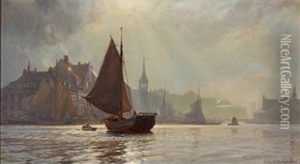 Soldis Over Havnen Ved De Seks Sostre Og Borskanalen Oil Painting - Christian Ferdinand Andreas Molsted