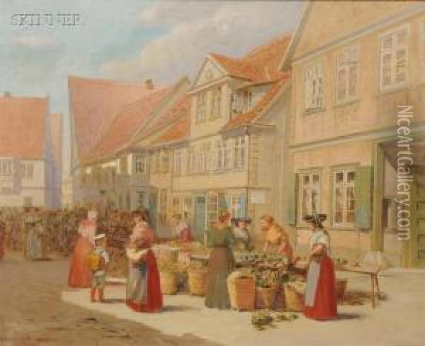 Market At Stathagen Oil Painting - Charles Henry Turner