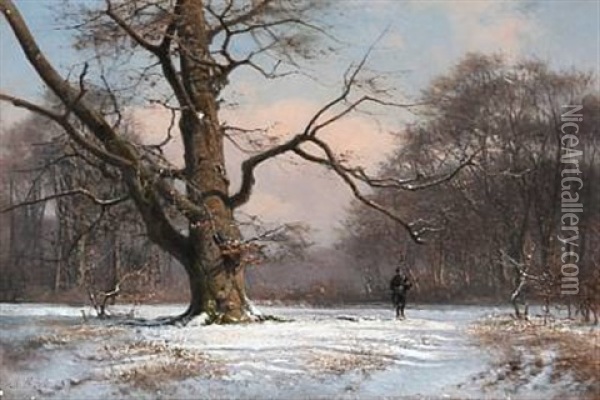 A Hunter In The Woods On A Winter Day Oil Painting - Frederik Niels Martin Rohde