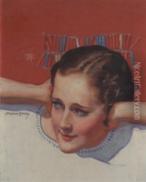 Young Woman Covering Her Ears, String Of Firecrackers Oil Painting - Mcclelland Barclay
